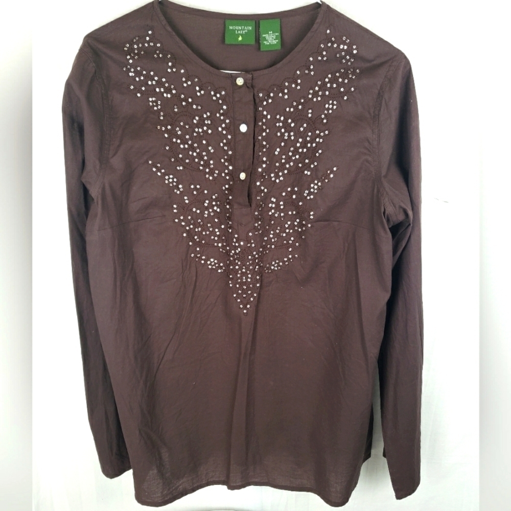 Mountain Lake Brown Long Sleeve Dazzled 100% Cotton Shirt Sz M